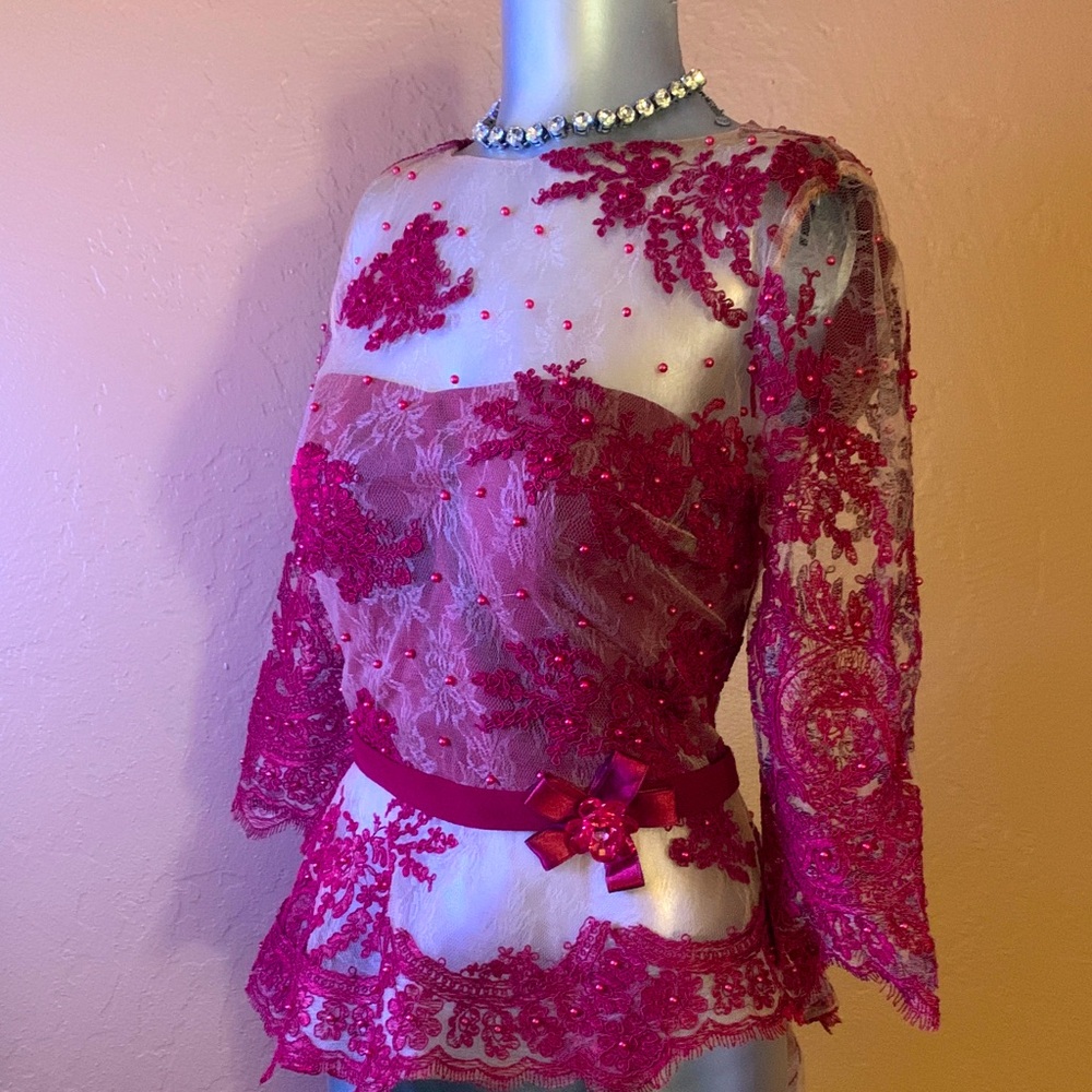 Vintage La Nuit Burgand Sheer Lace Top with Floral Details.  Sz 2